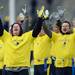 Former Michigan football players on the maize team signal a touchdown during the annual alumni flag football game before spring practice at Michigan Stadium on Saturday, April 13, 2013. Melanie Maxwell I AnnArbor.com